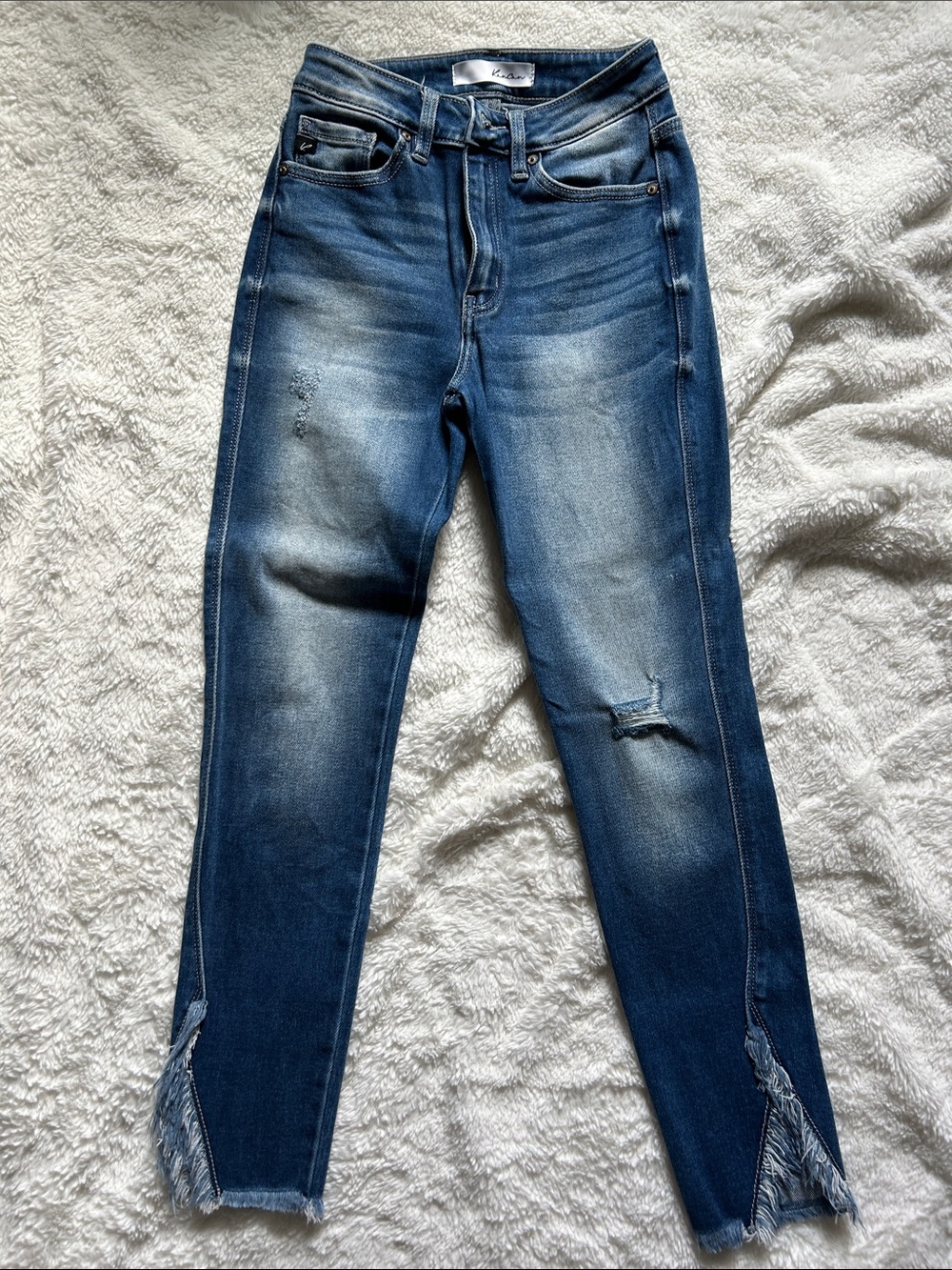KanCan Blue Washed Skinny Jeans with Frayed Ankle